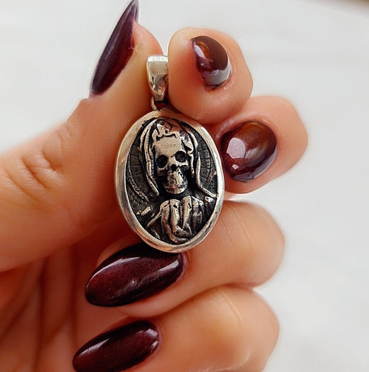 Santa Muerte Skull Pendant:925 Sterling Silver Gothic Jewelry