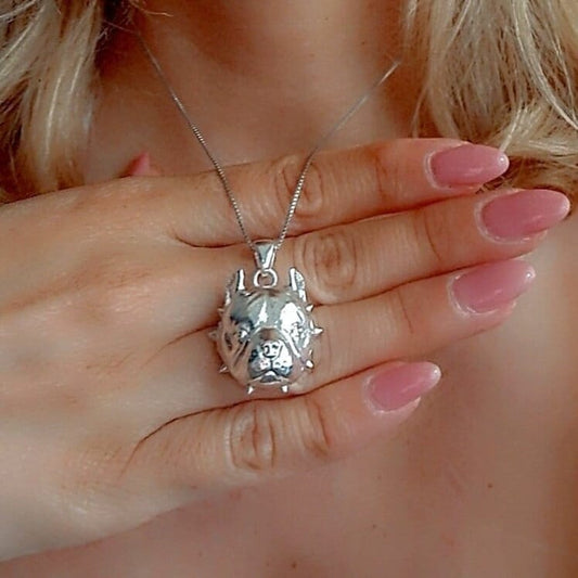 American Pitbull Pendant:  Handmade Sterling Silver , statement jewelry , spiked collar