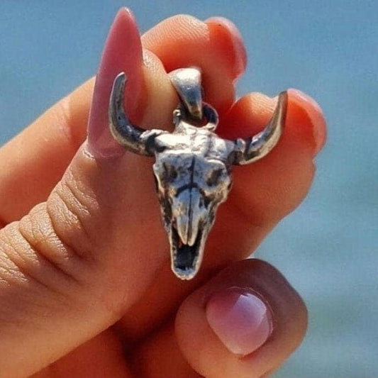 Buffalo Skull  Pendant: handmade 925 Sterling Silver Gothic Western Jewelry