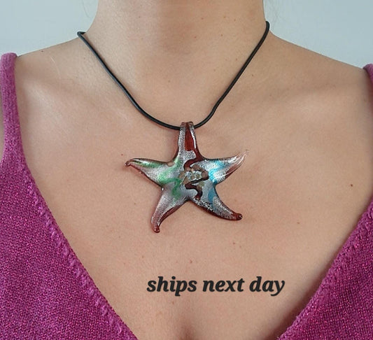 Starfish  Murano Glass  Necklace : Millefiori Glass - black UP cord - Oversized summer Jewelry