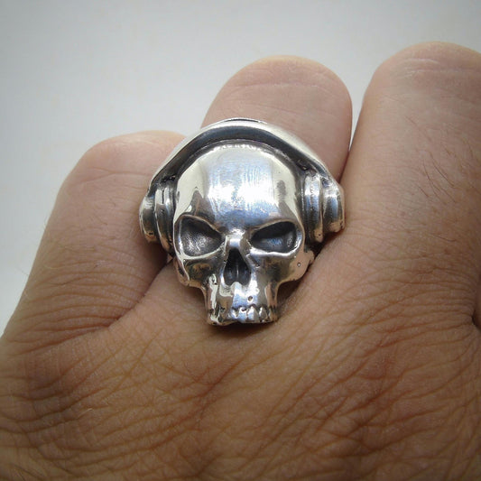 DJ Skull Ring with Headphones - 925 Sterling Silver