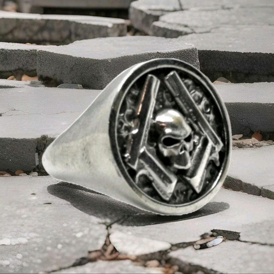 Skull & Guns  Ring  Sterling  silver - Biker Jewelry  Rebel Outlaw Motorcycle Ring