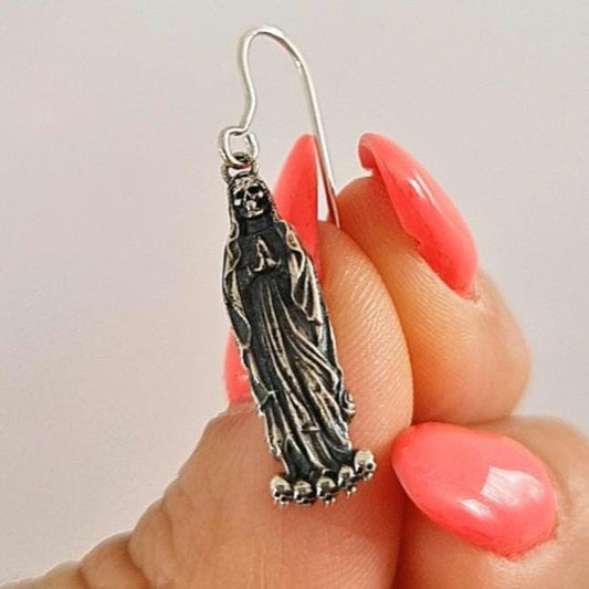 Santa Muerte Dangle Earrings Handmade 925 Sterling Silver - Drop Grim Reaper earrings