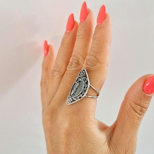 Santa Muerte Ring, 925 Sterling Silver, Scythe & Ornate Floral Border