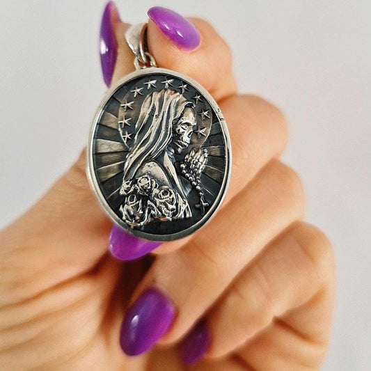 La Santa Muerte praying Pendant - statement Handmade Sterling Silver