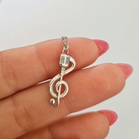 Delicate Music Note with a Microphone Necklace -925 Sterling Silver