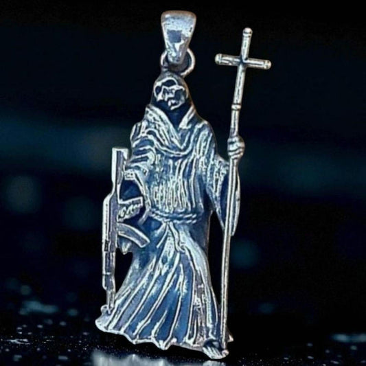 Santa Muerte pendant, 925 Sterling Silver, Cross n Gun - 5CM ,  2 IN