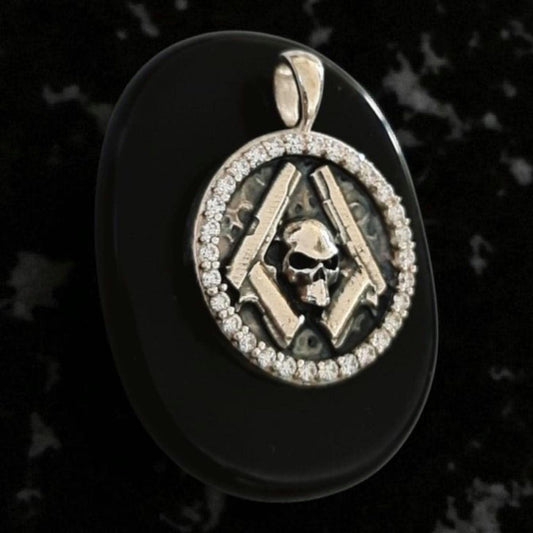 Skull & Guns pendant  bordered with Ziecon - Rebel Outlaw Gift - Hand-set Stone
