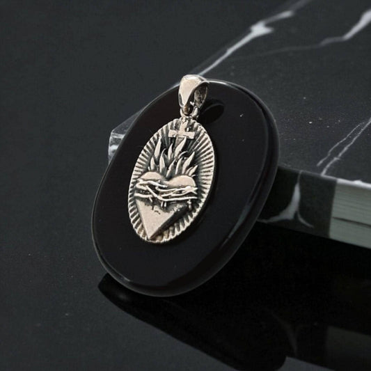 Sacred Heart Pendant,  handmade sterling silver, Gothic Heart with Cross & Flames