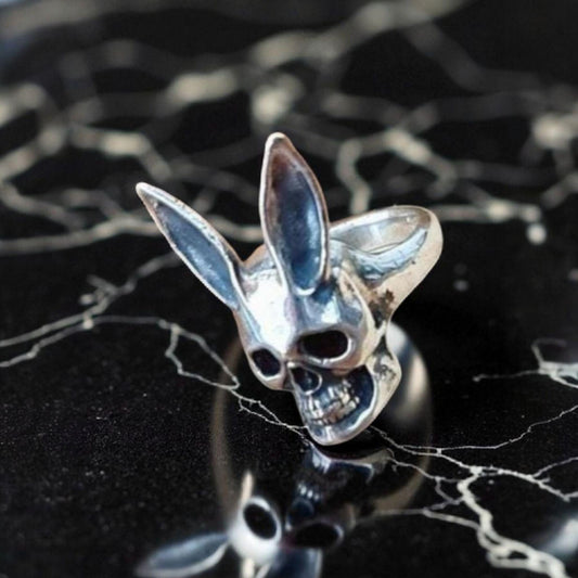 Bunny rabbit Skull Ring:Statement Gothic  Jewelry Handmade Sterling Silver