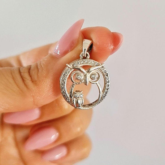 Owl Pendant - Sterling Silver - Mummy and  Baby Sparkling hand-set Stone -
