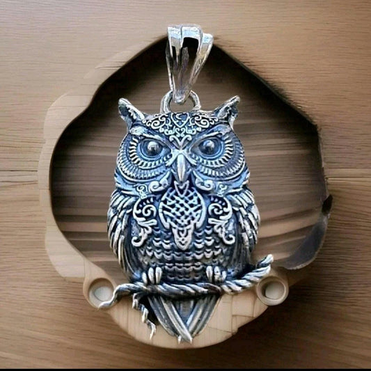 Owl Pendant Necklace , Handmade 925  Sterling Silver