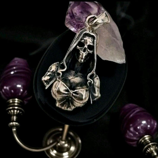 Skeleton Goddess Pendant  Hooded Cloak & Bow  925 Sterling Silver