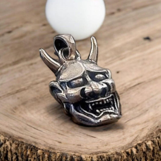 Sterling Silver Japanese Oni Mask Pendant: Gothic Biker Jewelry