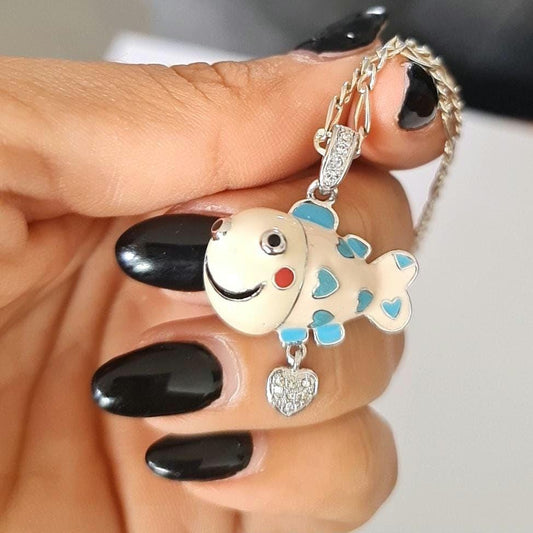 Enamel Fish Necklace: Sterling Silver,  Figaro Chain, Summer Jewelry