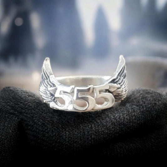 555 Angel Number Ring with  Angel Wings  Sterling Silver