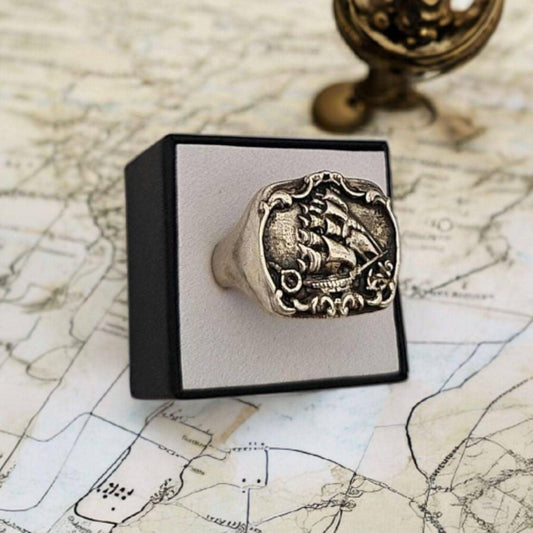 Kraken Signet Ring: Gothic Pirate Ship  Sterling Silver