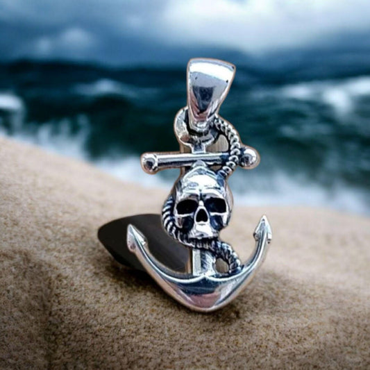 Skull Anchor Pendant Necklace 925 sterling silver- Nautical pirate jewellery