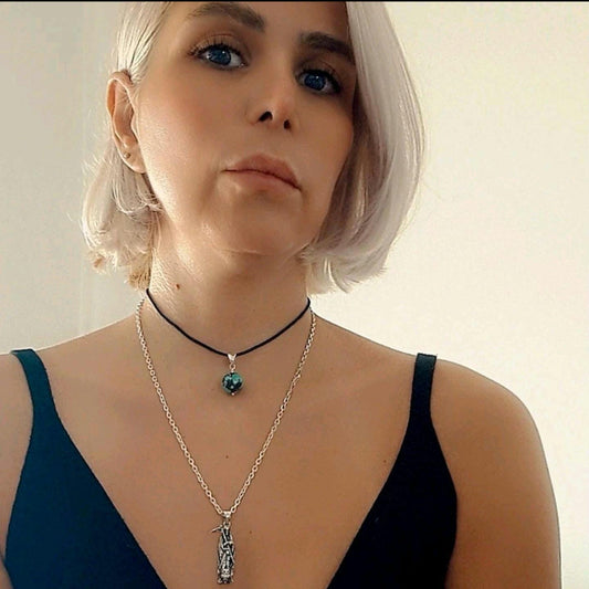 Persian Genuine Turquoise Bead Necklace - Sterling Silver Bail, PU Cord