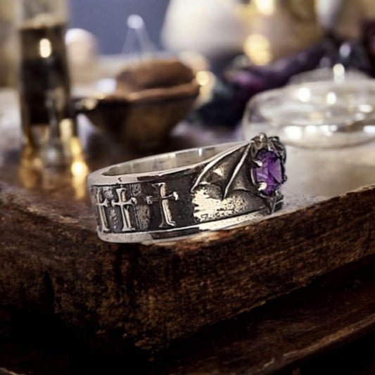 Bat Wings,Cross Band Ring - Purple Zircon  Gothic Sterling Silver