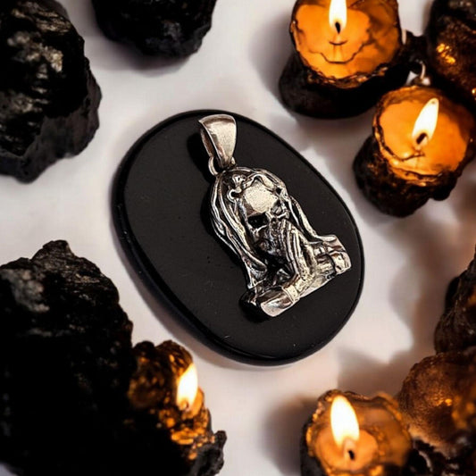 Santa Muerte praying Pendant, Handmade 925 Silver