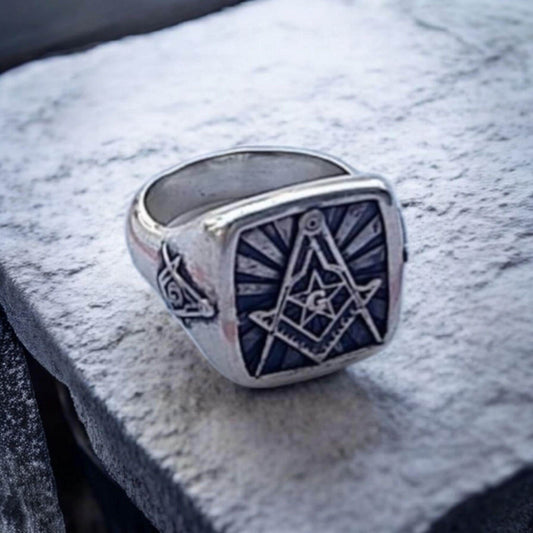 Masonic Square , Compass Symbol Ring - Freemasonry Emblem -925 Sterling Silver