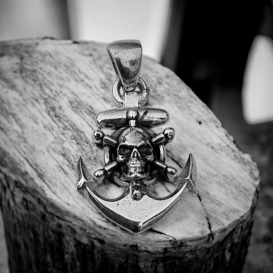 Pirate Skull Anchor Nautical Pendant  Sterling Silver