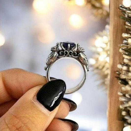 Solitaire  Bats Ring  Deep Purple Zircon Gothic Silver  Engagemen ring