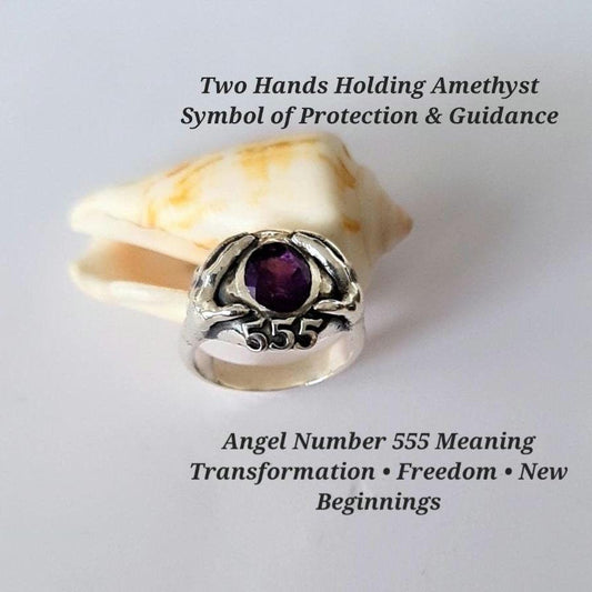 Sterling Silver 555 Angel Number Ring with Amethyst  Two Hands Protection