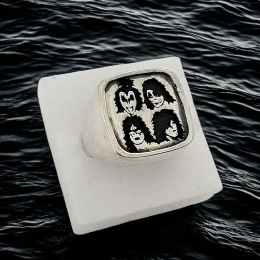 KISS Four Faces Signet Ring- Sterling Silver  Unisex