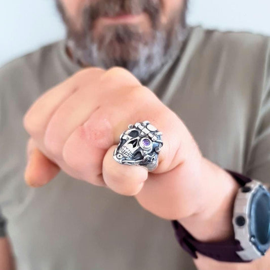 Sterling Silver Cyber Skull Biomechanical Steampunk Ring with Purple Zircon Eye