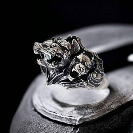 Cerberus Ring: Sterling Silver Three Headed Dog, Gothic Mythology Jewelry