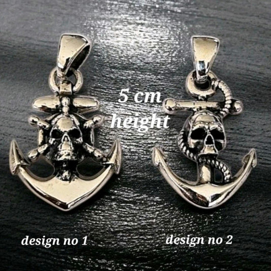 Sterling Silver Skull Anchor Pendant, Ship's Wheel or Rope Design, Pirate Nautical Necklace