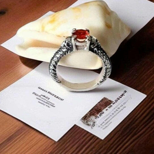 Sterling Silver Spine Skull Ring with Red Zircon  Gothic Bone  Jewelry