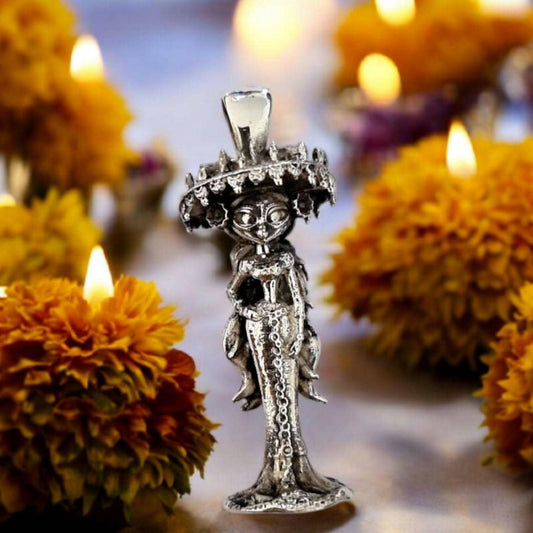 La Muerte Figurine  Pendant   925 Sterling Silver,  XL Statement Jewelry