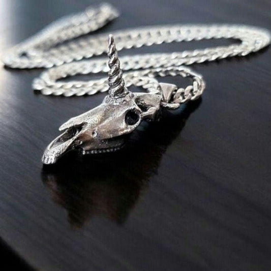 Unicorn Skull Pendant  925 Sterling Silver Necklace, Gothic Mythical Skeleton Jewelry