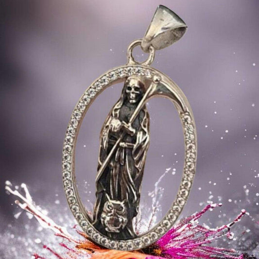Santa Muerte Scythe Pendant: Hand-set  Zircon framed - 925 Sterling Silver