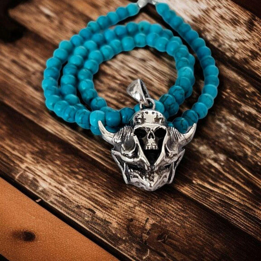 Sterling Silver Oni Mask Skull Pendant: Japanese Biker Jewelry
