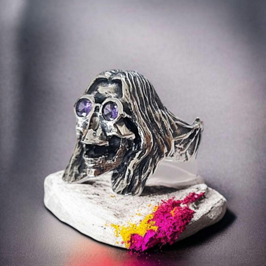 OZZY OSBOURNE Skull Ring : 925 Sterling Silver , Amethyst Sunglasses, Bat Wing Band , long flowing hair