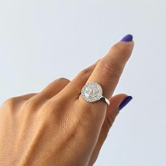 Moon Face Ring Sterling Silver | Celestial Moon Ring | Hand-Set Zircon Gemstone Ring