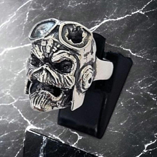 IRON MAIDEN -Aces High - Aviator inspired Skull Ring - Handmade 925 Sterling Silver - Biker Punk Rock Jewelry