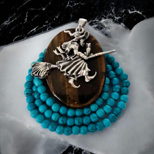 Witch on Broomstick Pendant, 925 Sterling Silver, Gothic Wiccan Jewelry