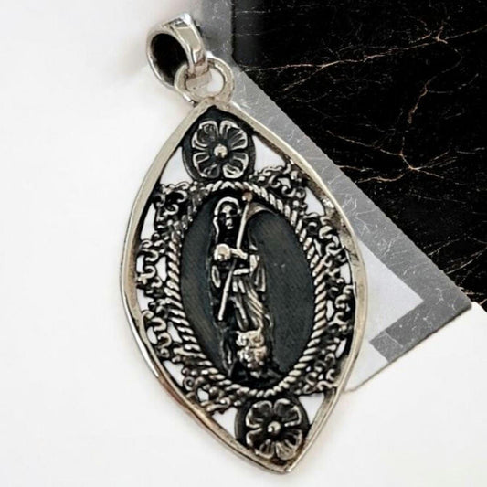 Santa Muerte Pendant | 925 Sterling Silver | Scythe & Ornate Floral Design