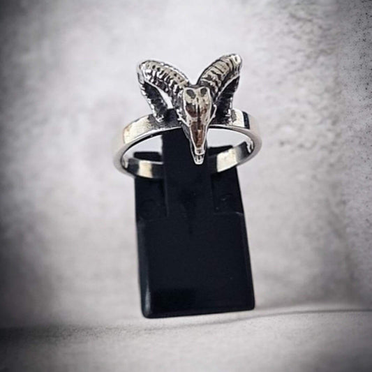 Sterling Silver Ram Skull Ring, Gothic Baphomet Style Ring, Horned Skull Ring