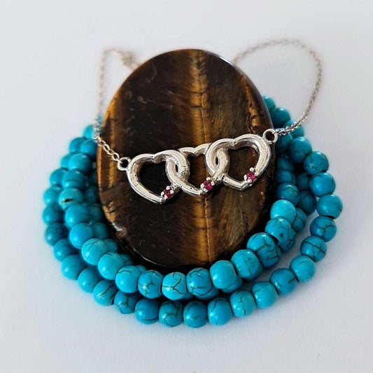 Interlocking Hearts Necklace: Red Stone Accents, Sterling Silver 45 Cm chain