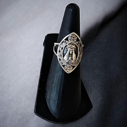Santa Muerte Ring  925 Sterling Silver  Ornate Floral Border