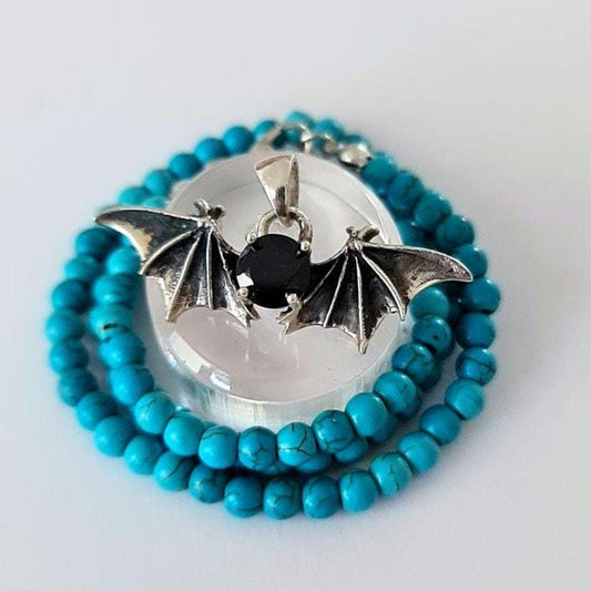 Bat Wings  Pendant Necklace - Black Zircon Sterling Silver