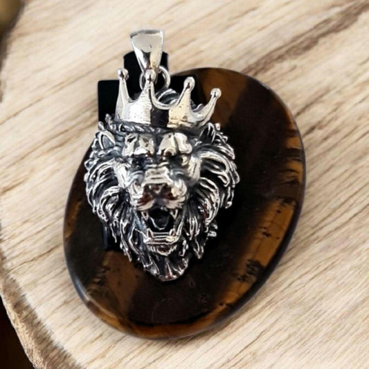 King Lion Pendant925 Sterling Silver, Gothic crowned  Lion Necklace, Royal Lion Head Charm