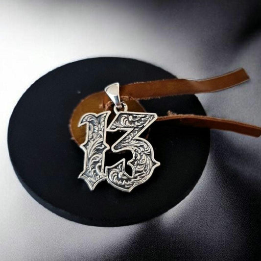 Sterling Silver Ornate Number 13 Pendant, Gothic Engraved Lucky Number
