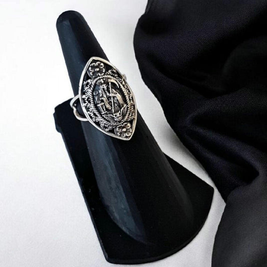 La Santa Muerte Ring,  Handmade 925 Sterling Silver, Ornate Floral Border, highly detailed